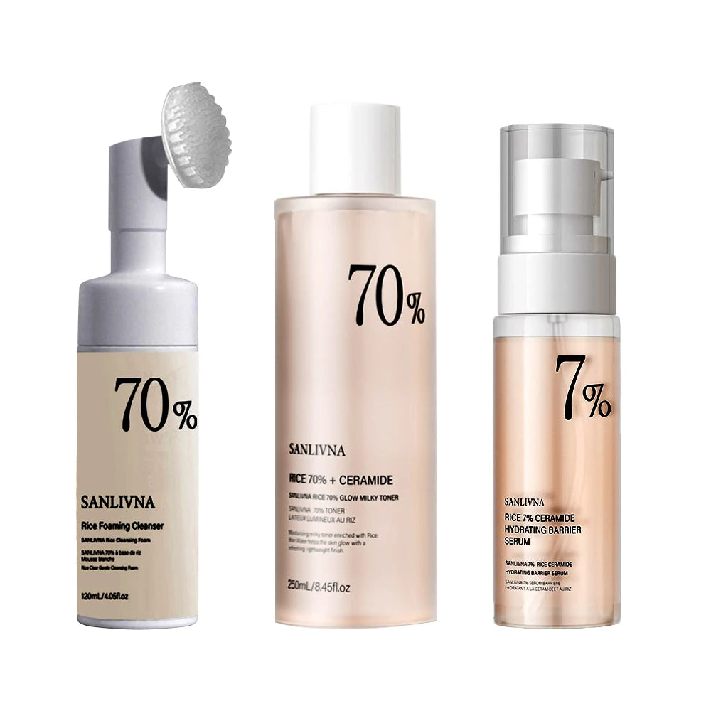 Rice Toner 70% Rice Extract Serum with Niacinamide, Rice Cleansing Foam, Deep Cleansing, Moisturizer for Dry Skin, Skin Care Set - BlissFully