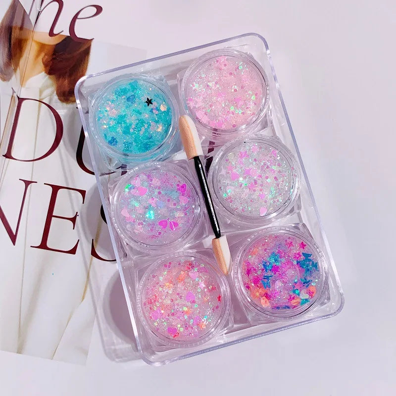 6Jars/Set Face Eye Body Hair Nail Glitter Sequins Sparkling Heart/Star/Hexagon Eyeshadow Flakes for Christmas Party Makeup Decor