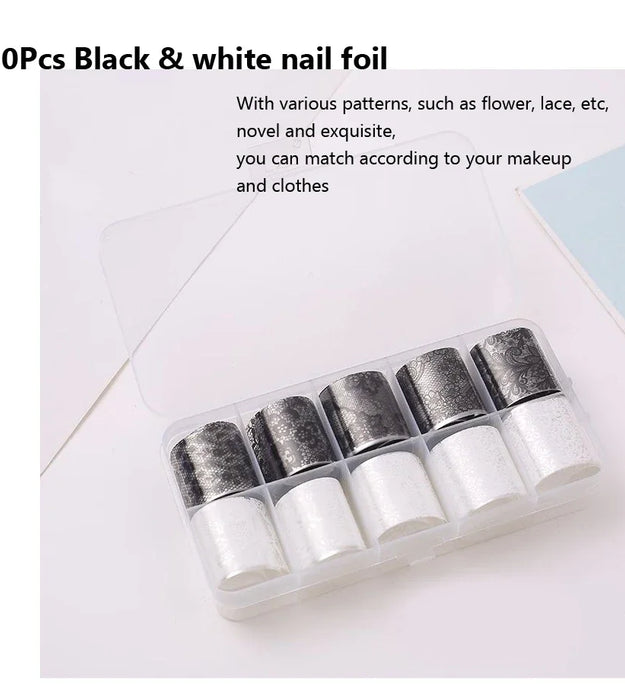 10 Rolls 2.5*60cm New Black White Lace Transfer Foil Nail Art Sexy Full Wraps Flower Glue Adhesive DIY Manicure Styling Tools