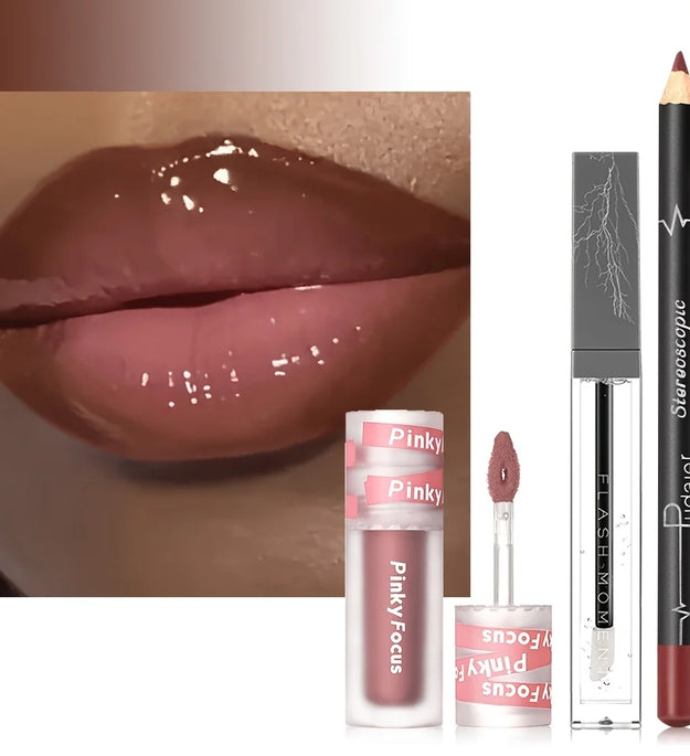 3PCS Shimmer Moisturizing Lip Gloss - Lip Liner and Lip Mud and Oil, Non-Sticky,Glitter, Nourishing Glossy Moisturizing Lipstick