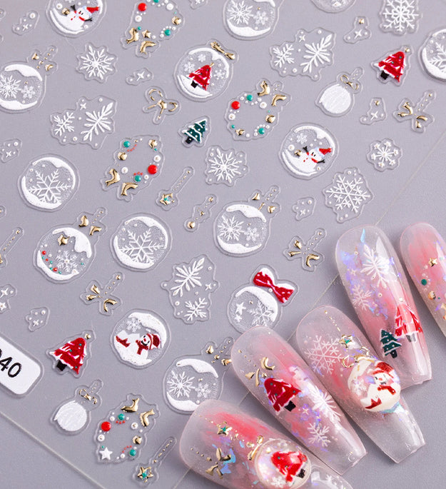1/2pcs Winter Christmas Ball Snowflake Nail Stickers 5D Relief White Hollow Christmas Celebration Nail Stickers Decorations