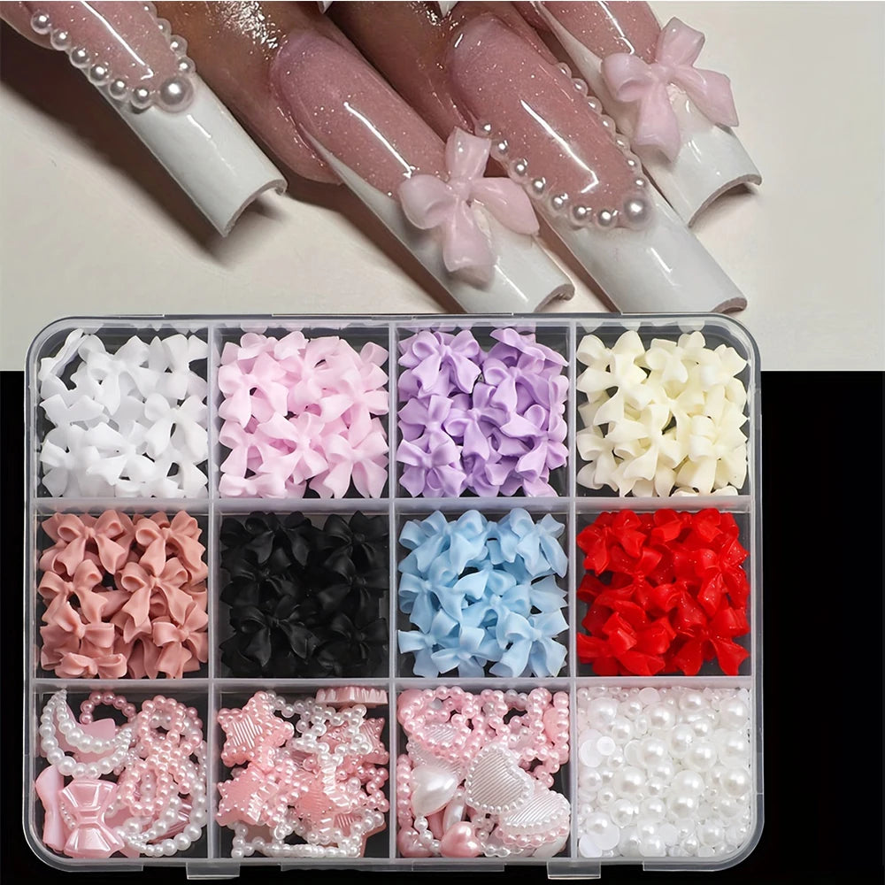 6/7/12 grids 3D Nail Charms and Pearls  Bows Charm Pink&White Star Heart Moon Cute Nail Jewels for Nail Art DIY Decorations