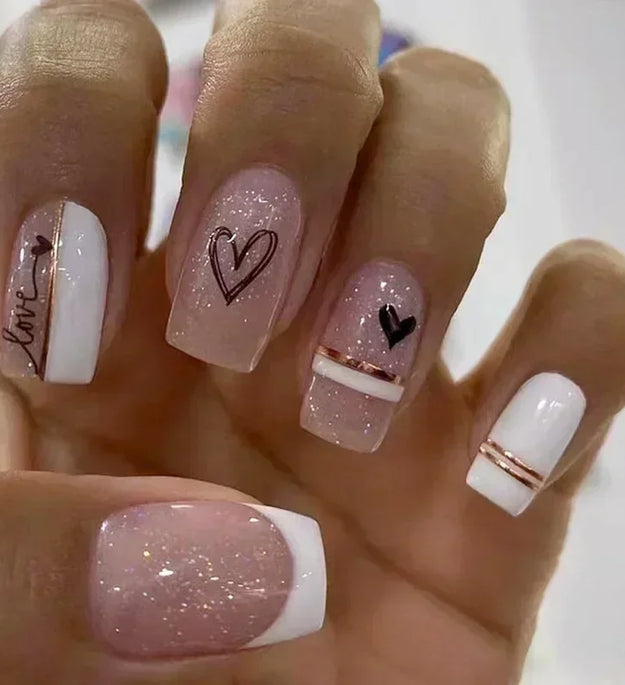 24Pcs Fashion Fake Nails Press on Short Square Head False Nail Art Black Starlit Sky Design Artifical Full Cover Nail Tips