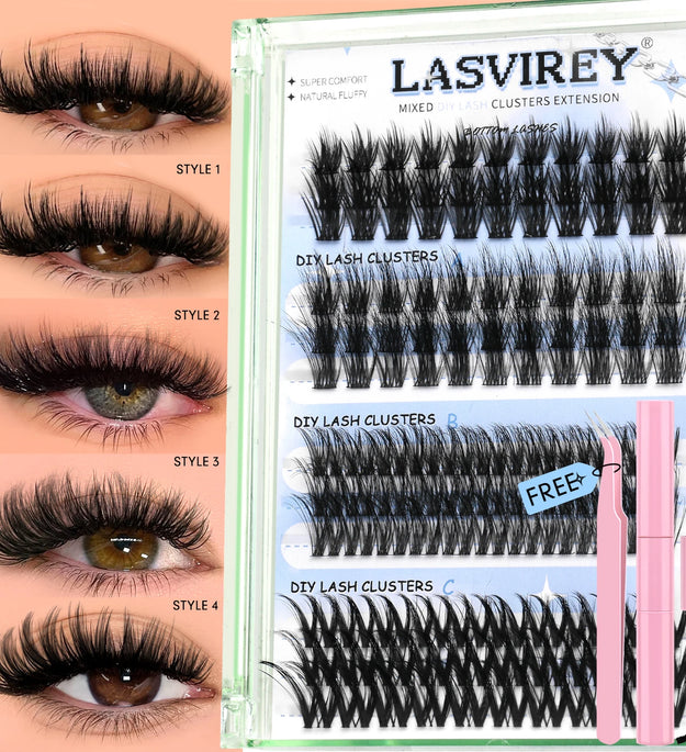 Lasvirey Cluster Lashes Kit DIY Fluffy Lash Clusters 4 IN 1 Mixed Full Set Individual Eyelashes Extension with Lash Bond & Seal