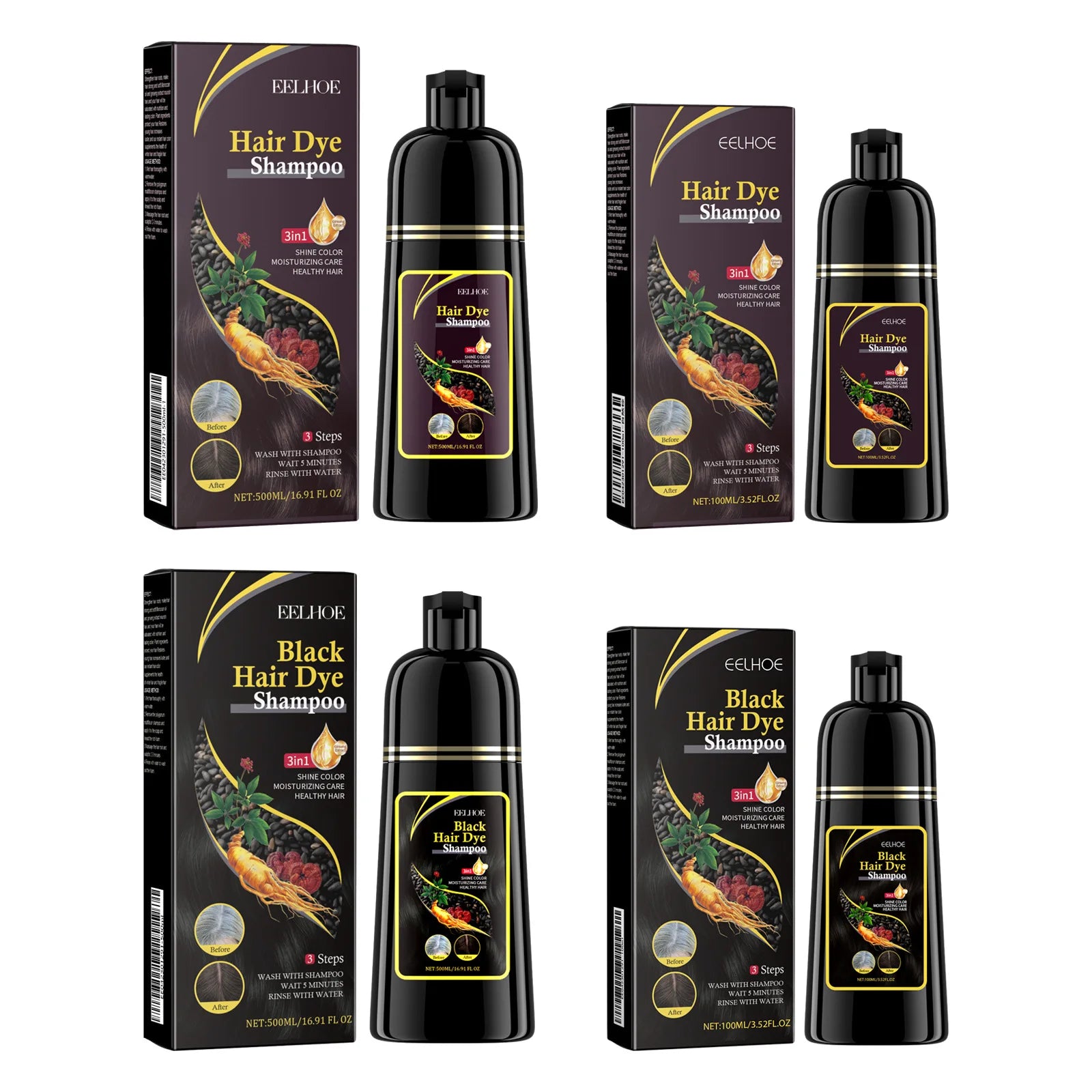 EELHOE 3-in-1 Hair Dye Shampoo to Darken Hair Cleaning Hair Color Shampoo Polygonum Multiflorum Growth of Hair Dye Shampoo 500ml - BlissFully