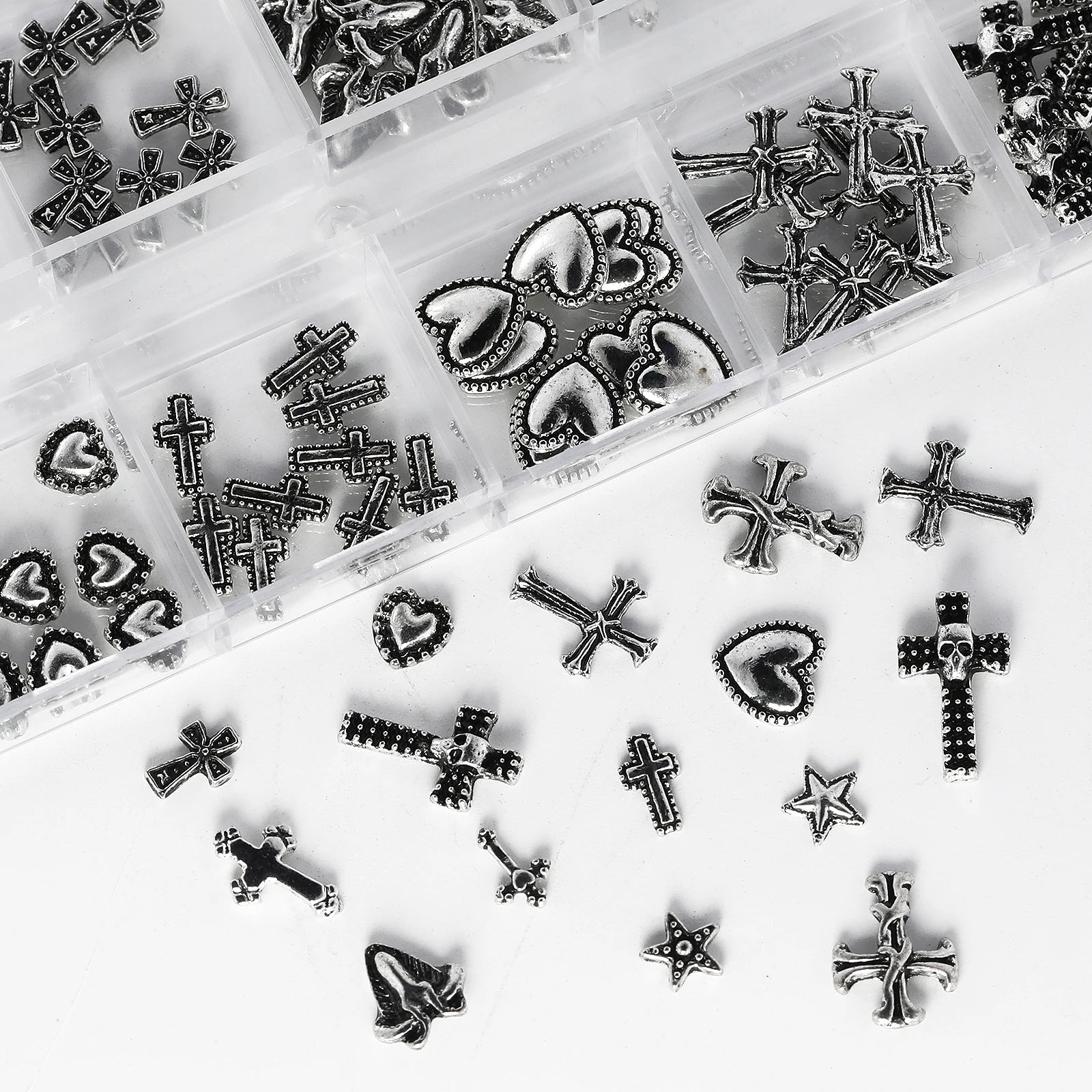 12 Gothic Punk Retro Dark Nail Jewellery 3D Cross Heart Devil Angel Nail Rhinestone Accessories DIY Glamour Nail Decoration