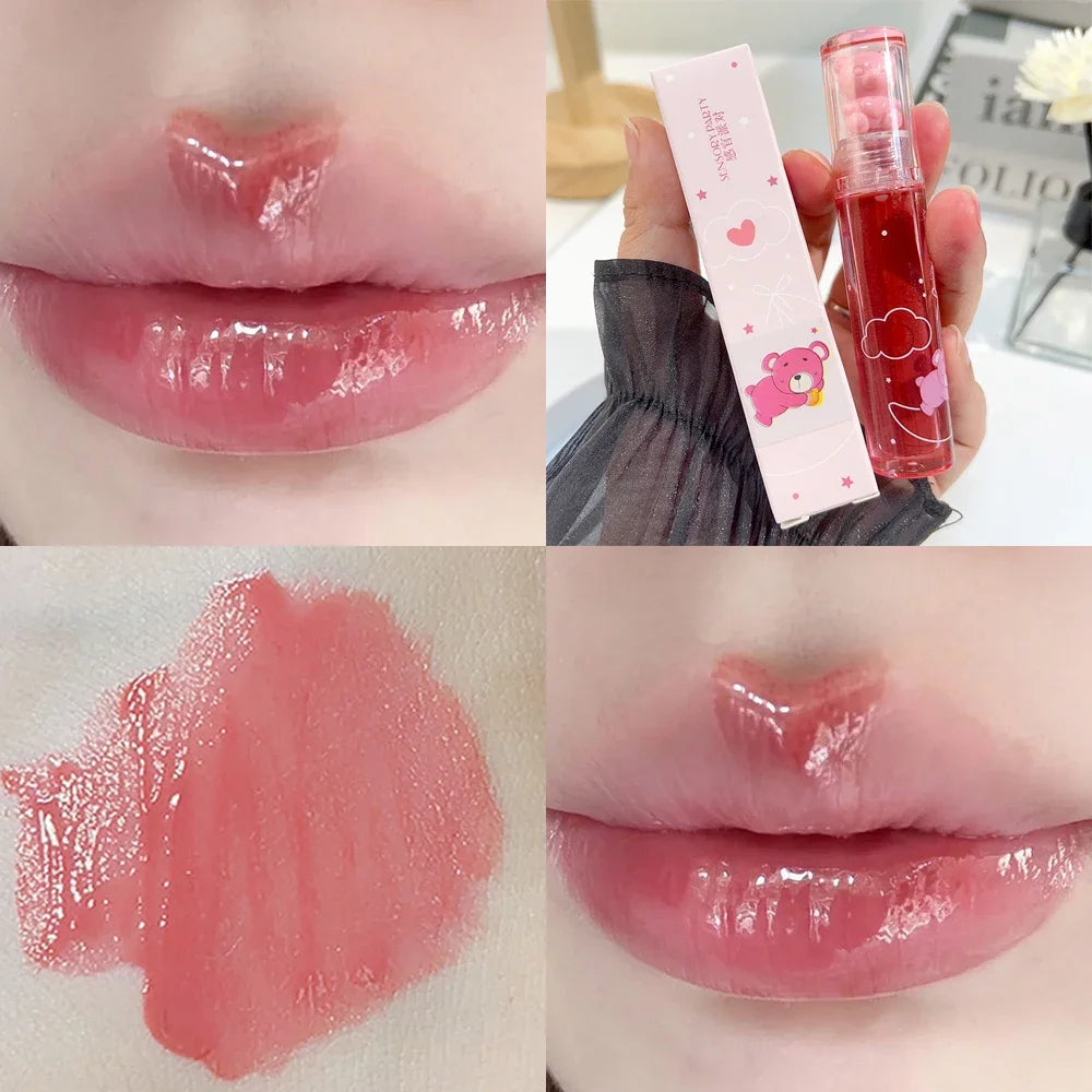 Crystal-frozen Glossy Lip Glaze Cute Bear Pink Jelly Lipgloss Glossy Mirror White Nude Liquid Lipstick Lips Makeup Korean Makeup