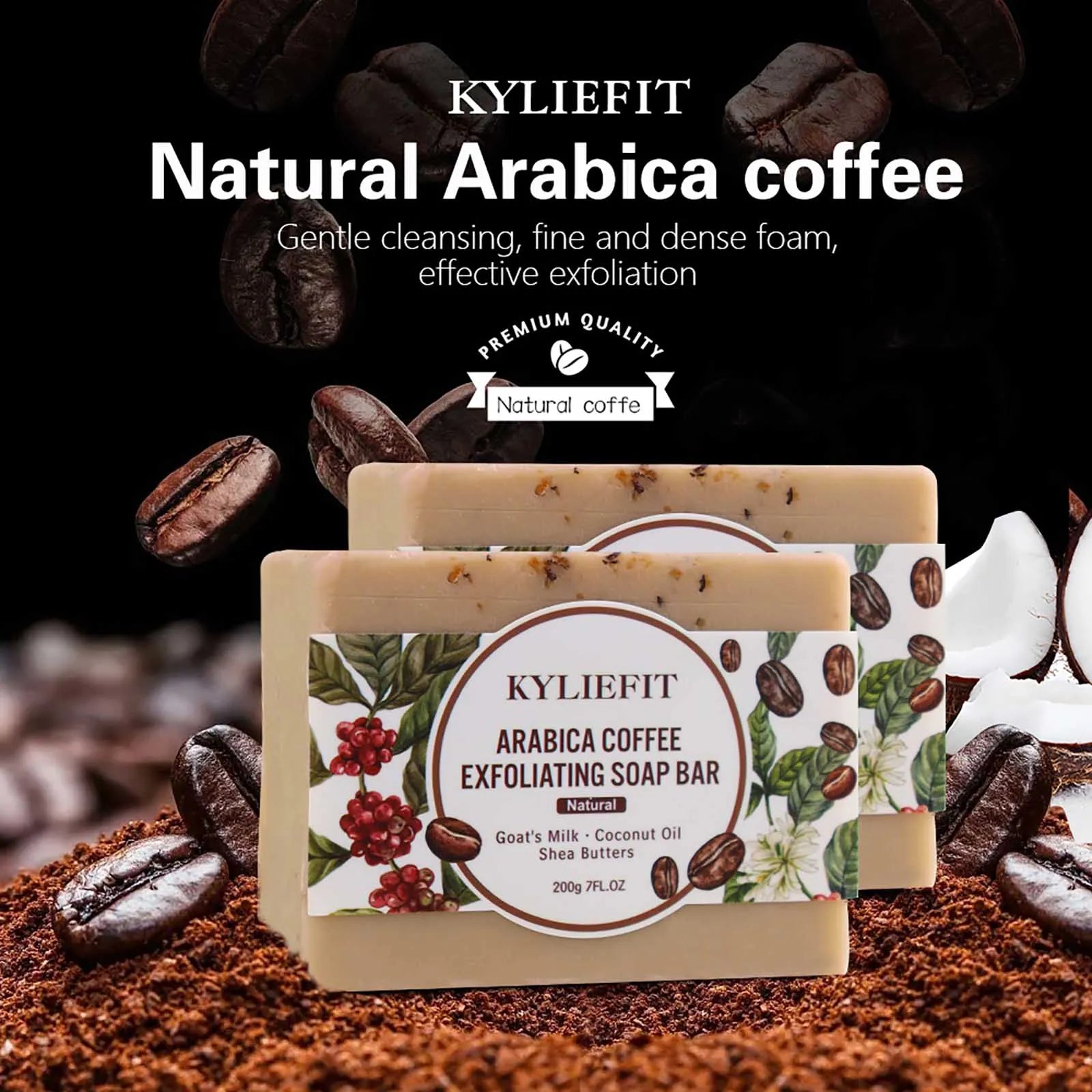 Arabica Coffee Exfoliating Soap, Whitening, Clean Skin, Reduce Dark Spots, Enriched with Coconut Oil, Shea Butter, 200g/7 oz