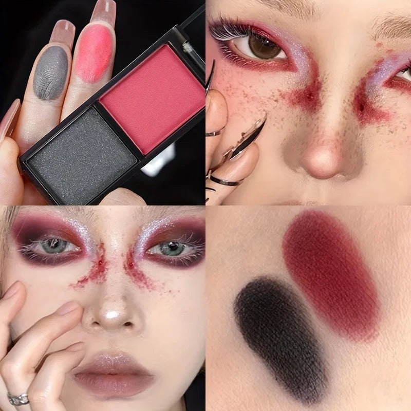2-Color Red Black Smoky Eyeshadow Palette Matte & Shimmer Waterproof Dark Punk Halloween Makeup Glitter Pigment for Eyes