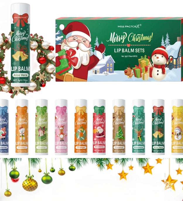 10PCS/Box Christmas gift box, lip balm set, deeply hydrating lip moisturizer, lip color brighten, gift to women