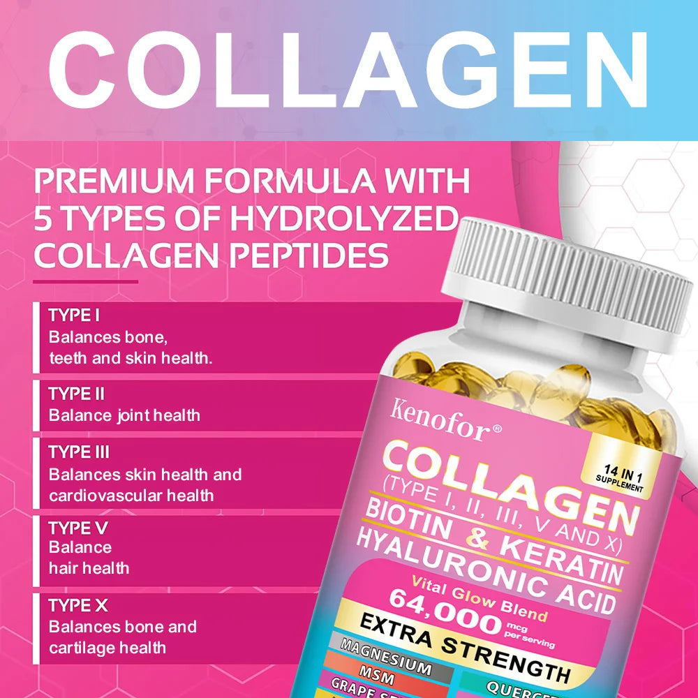 Kenofor Collagen 1000mg with Biotin 10,000mcg, Keratin Hyaluronic Acid Vitamin C Healthy Formula Dietary Supplement Gluten Free