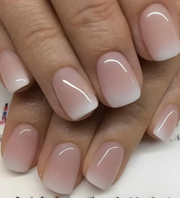 24Pcs Simple Square Head Fake Nail with Jelly Glue Pink White Gradient French Press on False Nails Short Full Cover Nail Tips