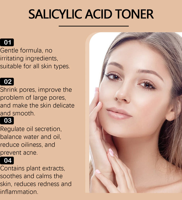Salicylic Acid Toner for Acne Removing Control Oil Shrink Pores Remove Pimple Exfoliating Moisturizing Brighten Facial Toner