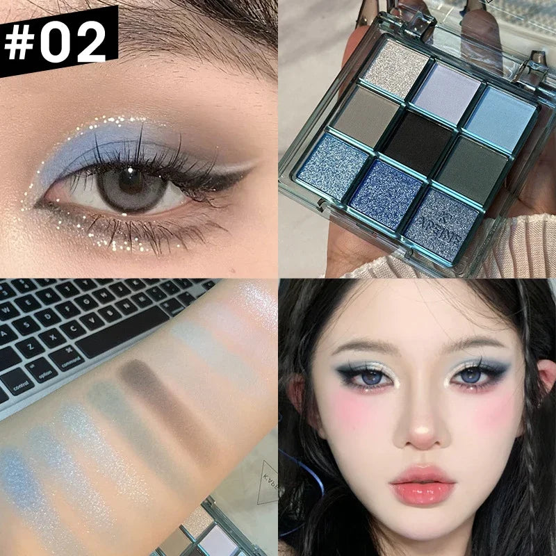 9 Colors Dark Punk Smoked Eyeshadow Palette Blue Black Pearl Matte Eye Shadow Makeup Palette Brightening Shimmer Lying Silkworm