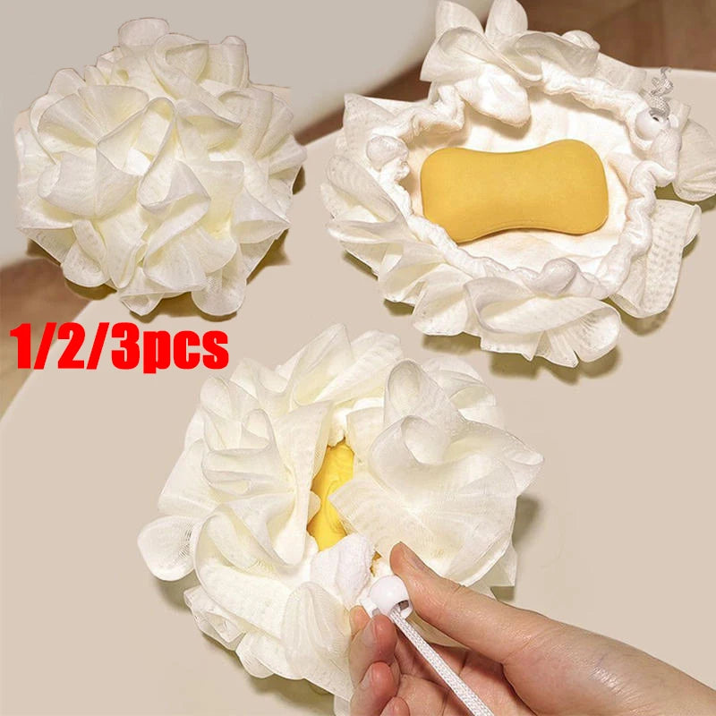 2-In-1 Bath Ball Towel Loofah With Drawstring Closure For Soap Soft Exfoliating Mesh Shower Sponge Skin Care Bathing Tool