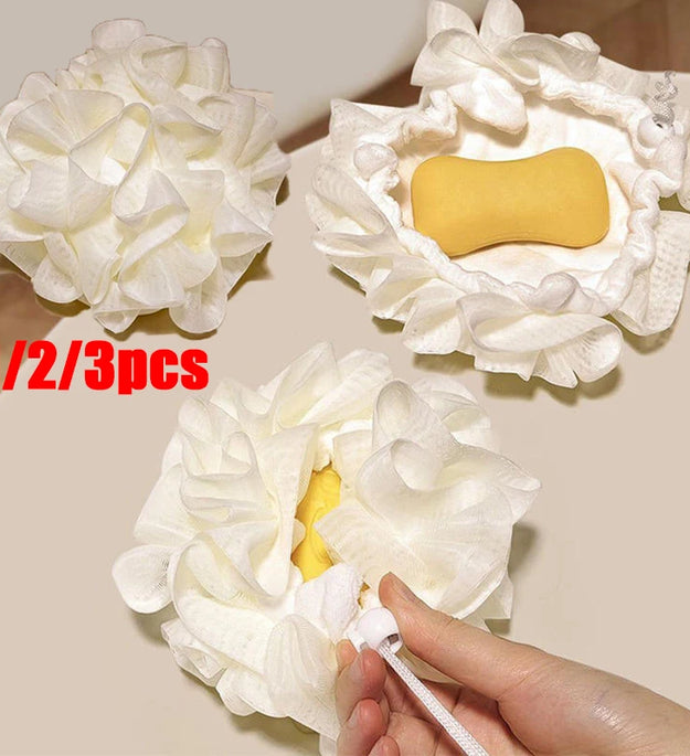 2-In-1 Bath Ball Towel Loofah With Drawstring Closure For Soap Soft Exfoliating Mesh Shower Sponge Skin Care Bathing Tool