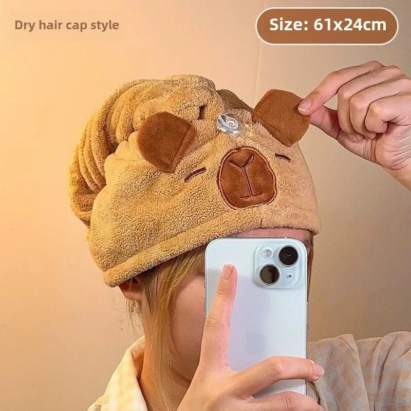 Capybara Dry Hair Cap Coral Fleece Quick Dry Towel Super Absorbent Capybara Head Turban Cute Animal Soft Hair Wraps for Women