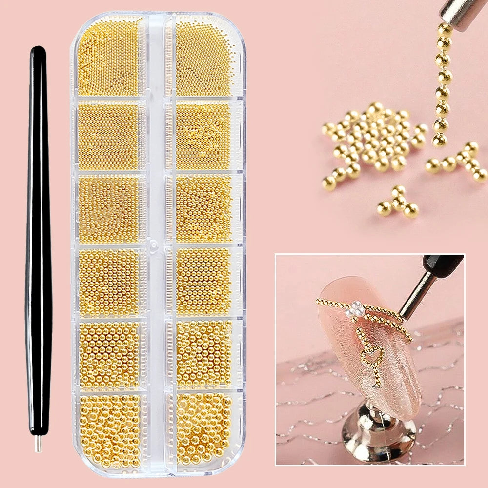 12Grids Mini Caviar Beads Nail Art Decorations Metal Gold/Silver Micro Ball Nail Charms Magnetic Pen 0.5~3mm Ball Nail Jewelry