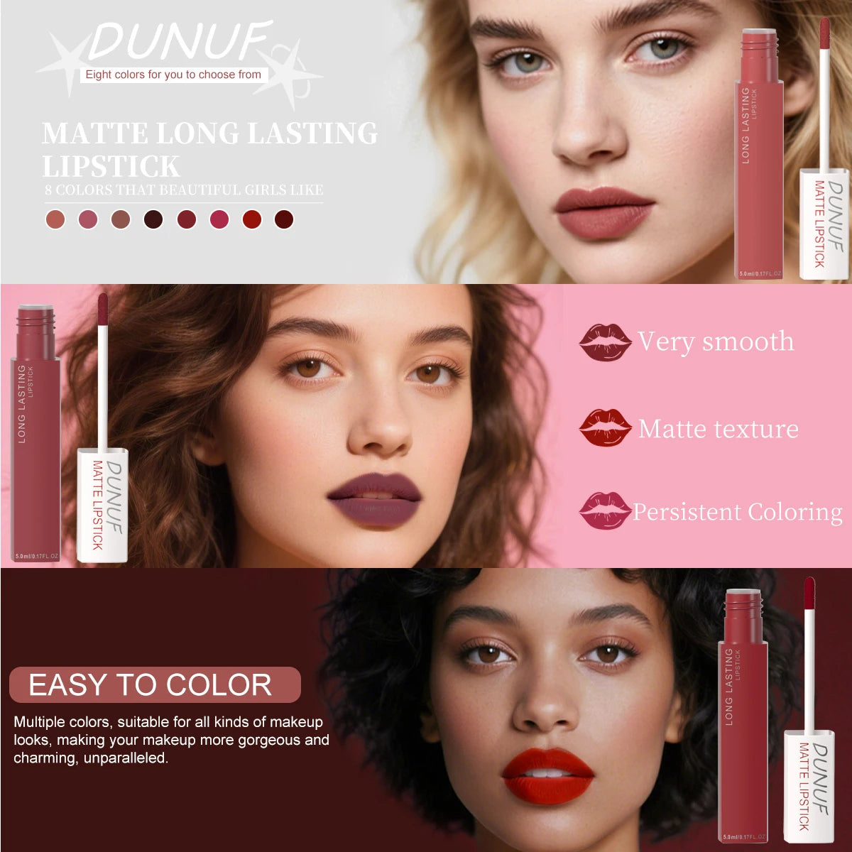 8pc/set Long-Lasting Lip Gloss Matte Waterproof Lipstick Lip Stain Non-transfer Highly Pigmented Nude Red Y2K Daily&Party Makeup