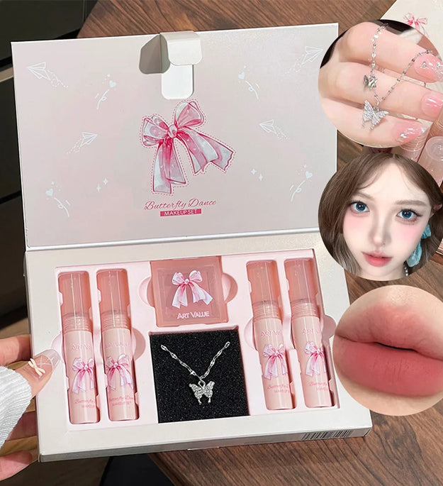 Art Value Butterfly Dance Color Box Four Lip Glaze Blush Set Necklace Lip Mud Blush Set