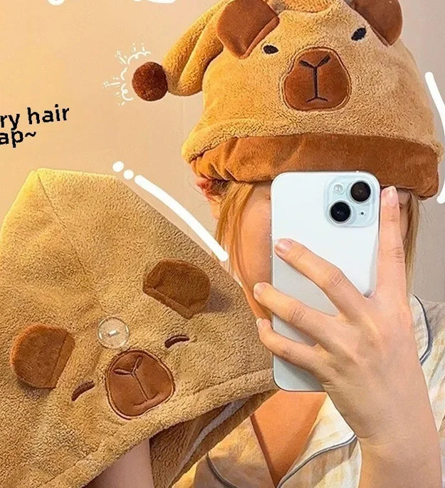 Capybara Dry Hair Cap Coral Fleece Quick Dry Towel Super Absorbent Capybara Head Turban Cute Animal Soft Hair Wraps for Women