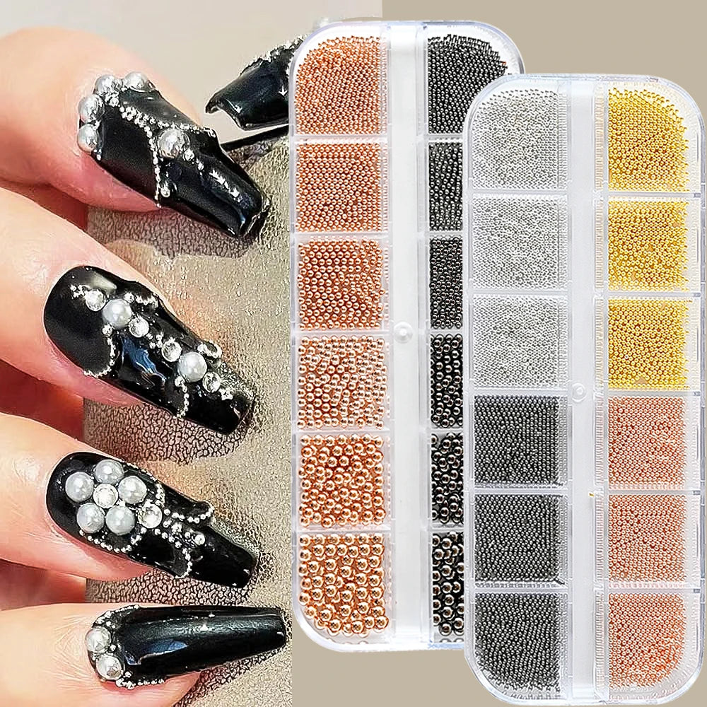 12Grid Gold/Silver Mini Caviar Beads Nail Art Decorations Metal Micro Balls Nail Charm with Magnetic Pen 3D Mini Caviar Nail Gem