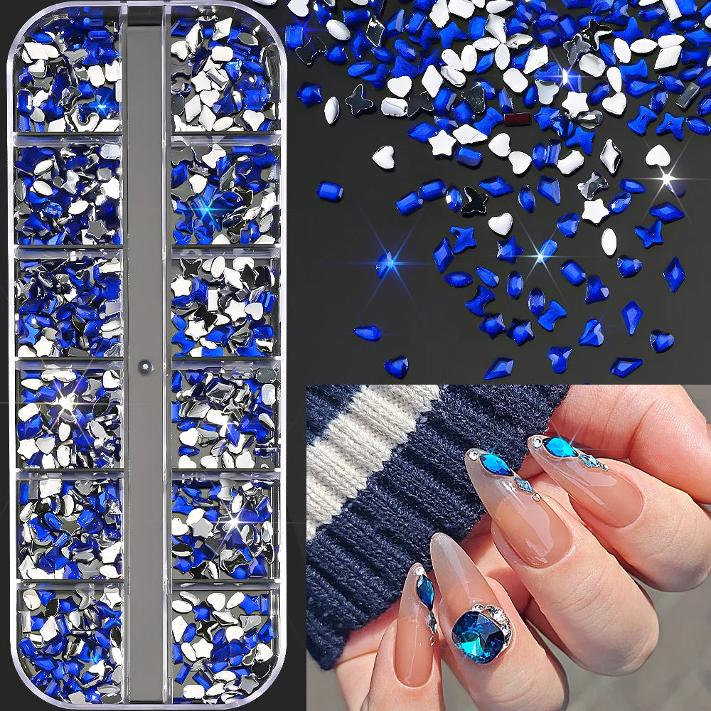 12Grids Ocean Gold Nail Art Charms Shell/Seahorse/Starfish White Half Round Pearl Gems 3D Mixed Punk Manicure Metal Rivets Studs