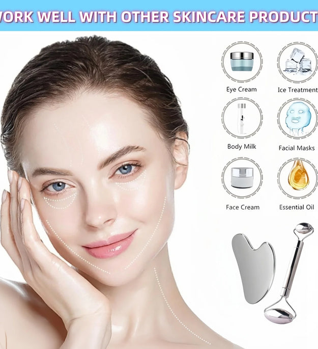 Stainless Steel Gua Sha Scraping Massage Roller - Facial & Body Beauty Tool for Skin Care, Lymphatic Drainage, Anti-Aging - BlissFully