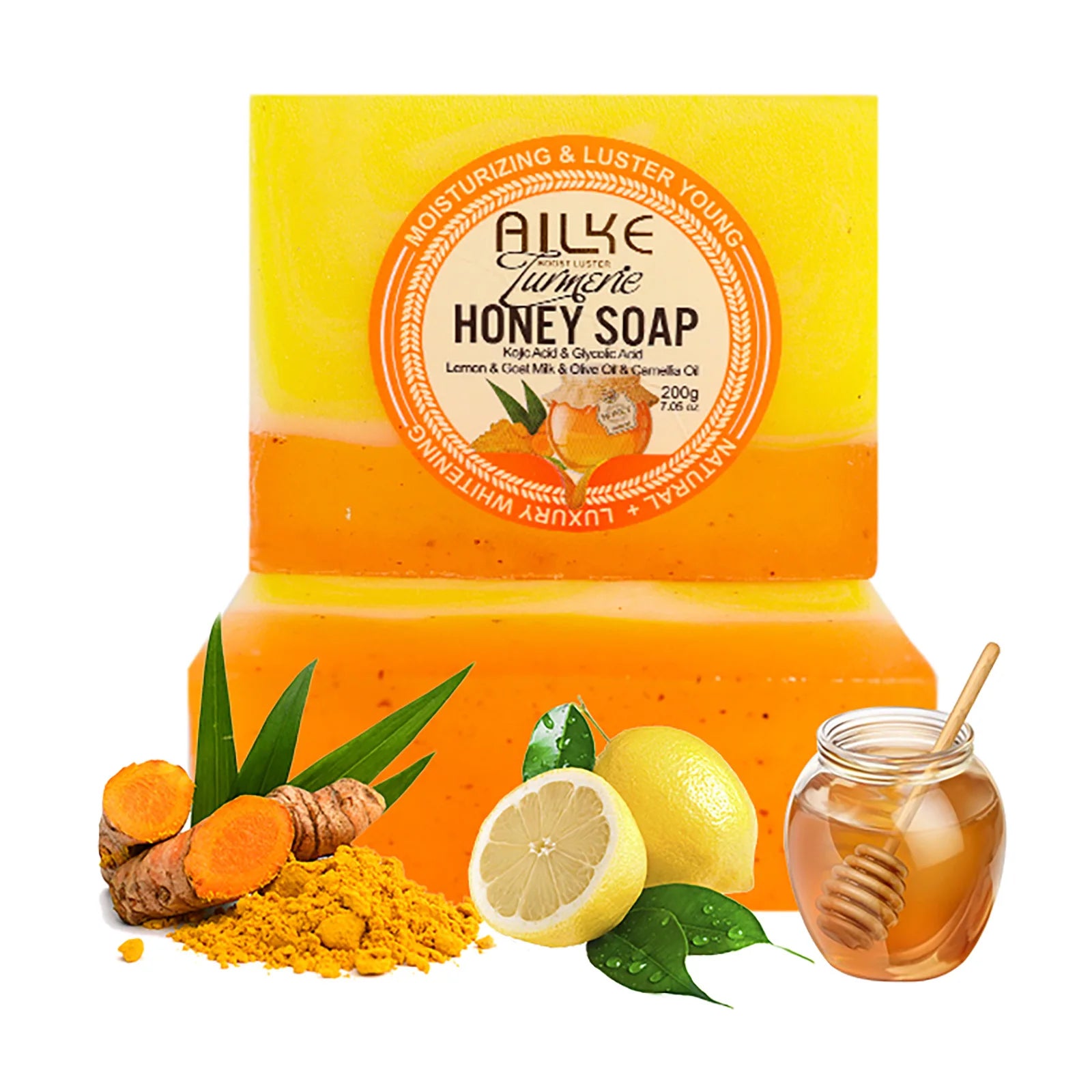 AILKE Natural Turmeric Honey Soap Bar, Whitening, Clean Skin, Remove Dark Spots, Stains, With Kojic Acid, Lemon, 200g/7 oz