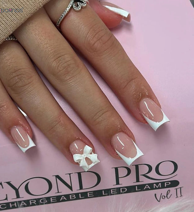 White French Press on Nails 3D Bowknot Fake Nails Tips Full Cover Wearable False Nails for Women and Girls DIY Manicure 24Pcs