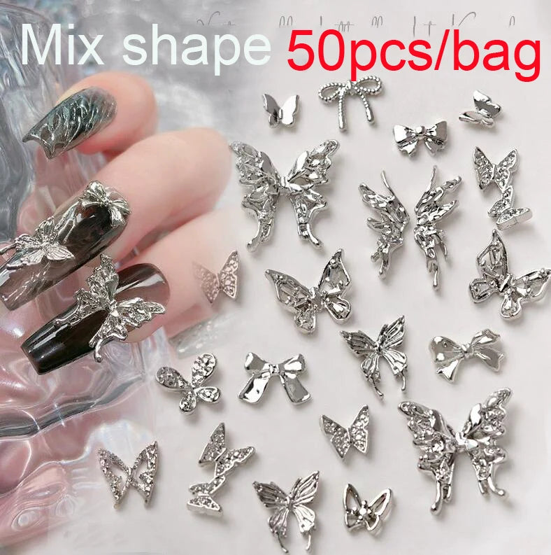 50Pcs 3D Silver Bowknot/Crown Metal Nail Charms With Tassel Pendant Butterfly Nail Art Decoration Mixed Shiny Manicure Supplies