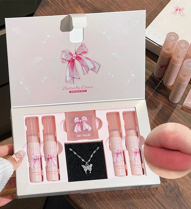 6Pcs/Box Matte Lipstick Set Lips Makeup Velvet Nude Lip Gloss Moisturizing Lip Glaze Face Blush Palette Makeup Set Necklace Gift