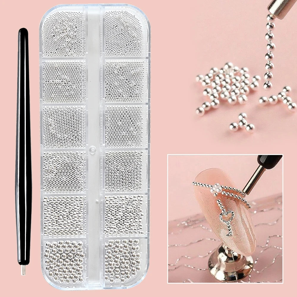 12Grids Mini Caviar Beads Nail Art Decorations Metal Gold/Silver Micro Ball Nail Charms Magnetic Pen 0.5~3mm Ball Nail Jewelry