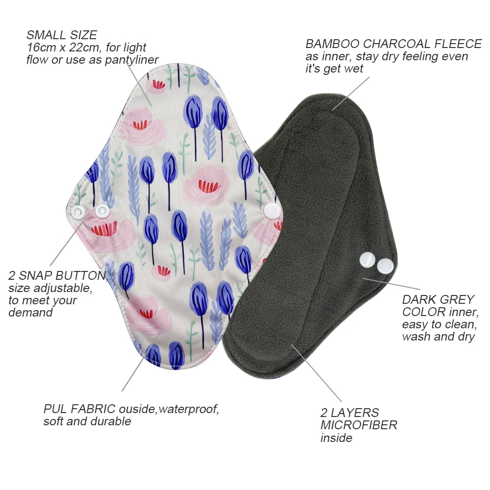 Washable Sanitary Napkins for Women, Reusable Menstrual Pads, Light Flow Panty Liners, Bamboo Charcoal, Small Size, 6Pcs