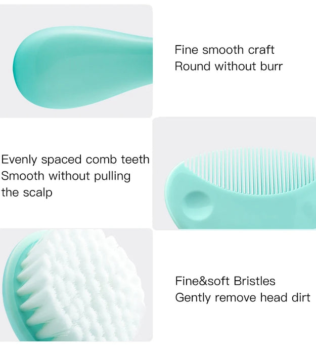 Cute 2 in 1 Eco-friendly Infant Care Baby Comb Brush Set Soft Bristles Hair Brush Round Shape