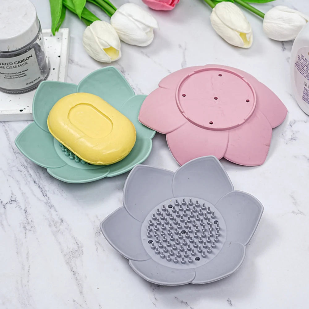 1pcs Bathroom Soap Box Lotus Design Soap Holder Silicone Soap Box Drain Box Bathroom Accessories