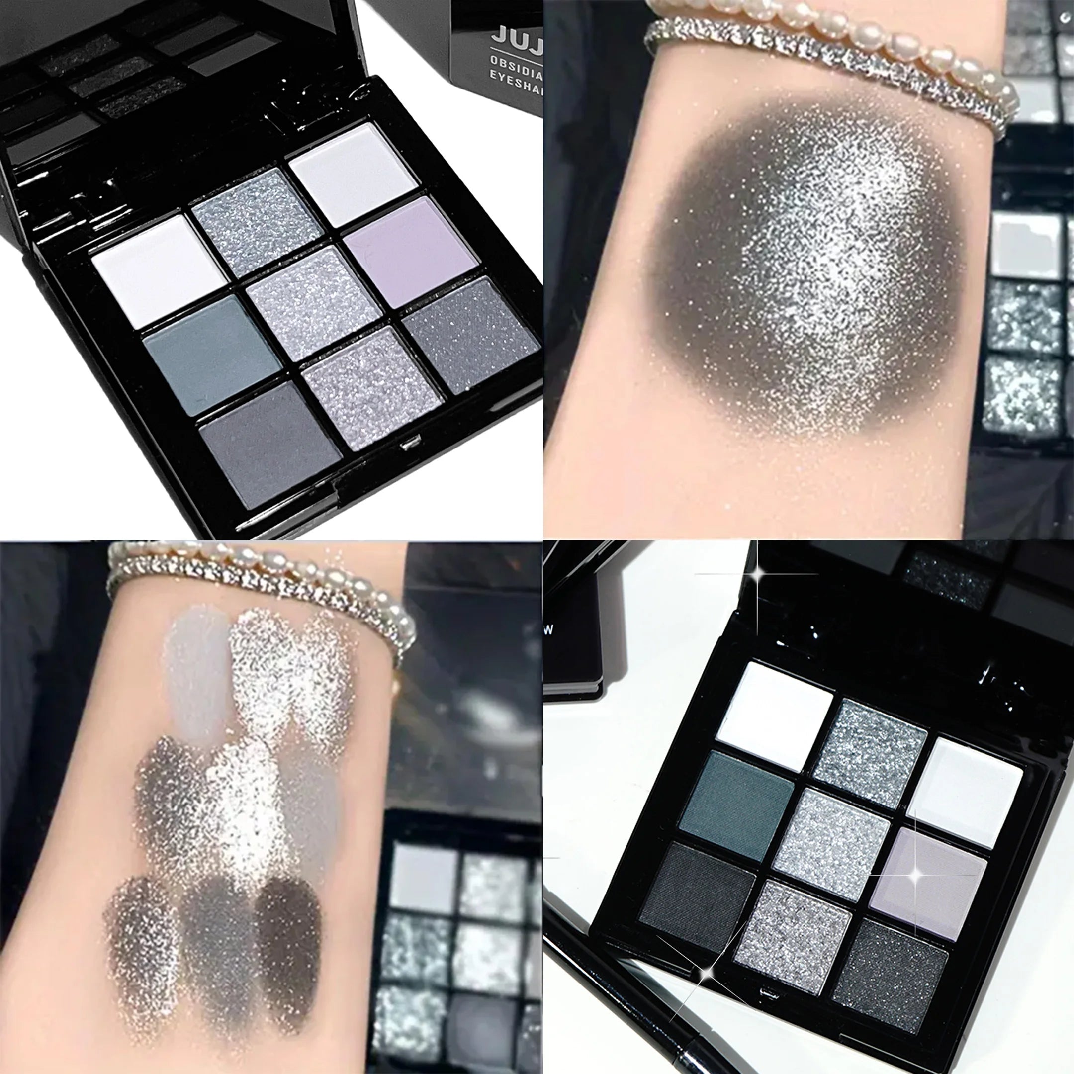 9-shade eyeshadow palette: Black Swan, Smoky, Dark Black, Grey Silver Glitter, Matte Finish, Long-lasting, and easy to color