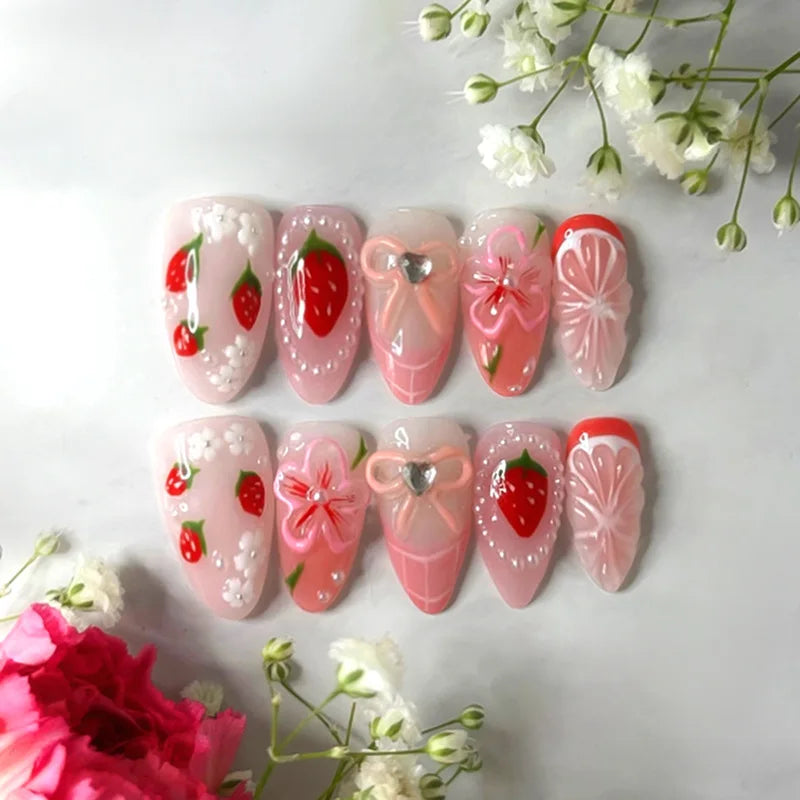 24PCS Wine Red Almond Press on Nails Cartoon Rabbit Bowknot with Plaid Pearl Designs French Fake Nails for Girls Detachable Nail