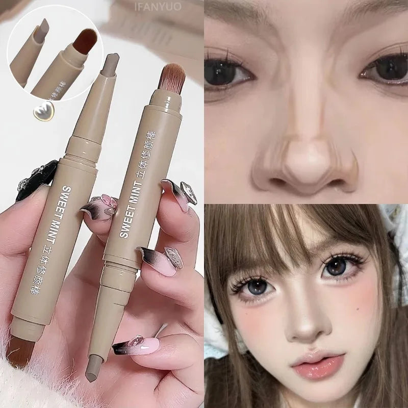 Contour Pen Double Head Bronzer Stick with Brush Nose Shadow Cream Contouring Pen Waterproof Natural Sculpting Makeup Cosmetics