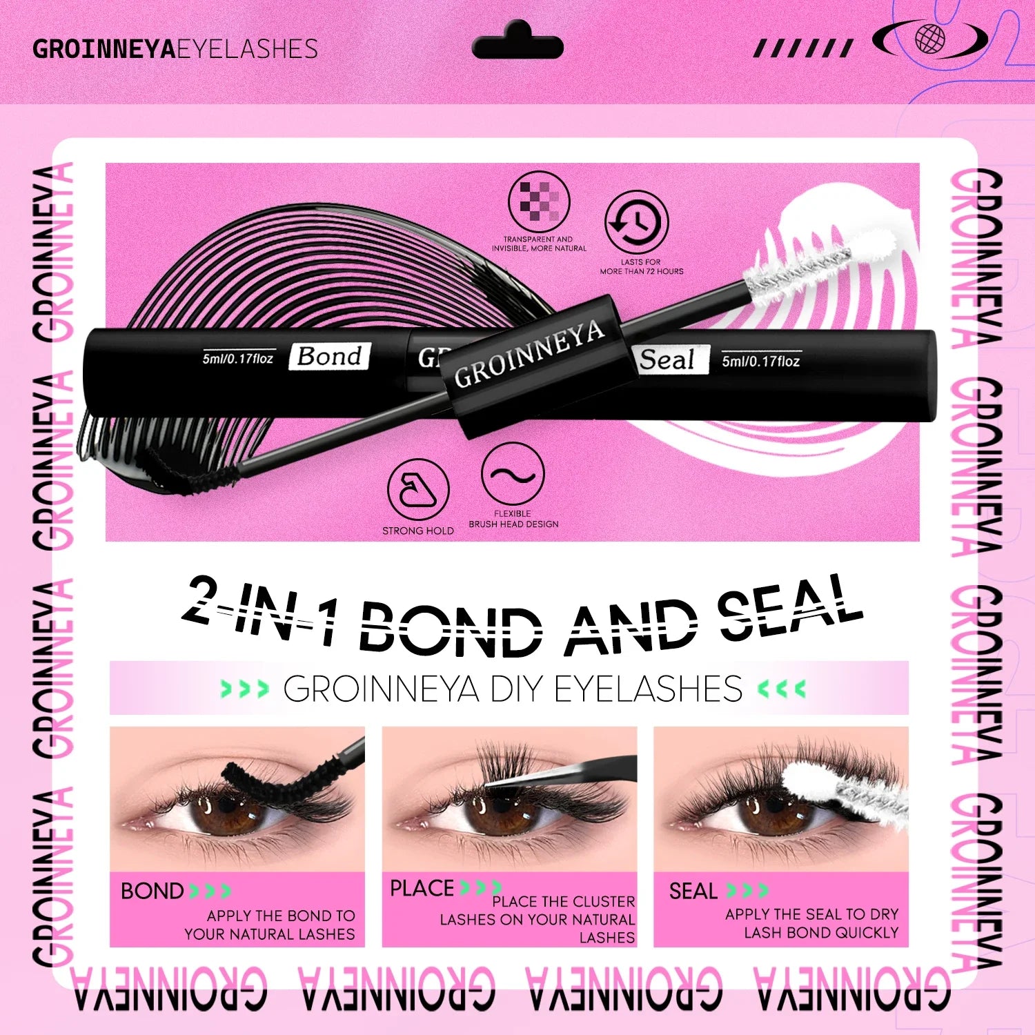 GROINNEYA Lash Clusters Kit Cat Lashes with Lash Bond & Seal Wispy Cluster Eyelash Clusters Kit DIY Eyelash Extensions at Home