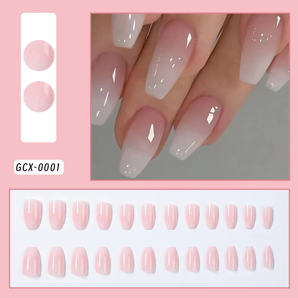24Pcs Short Square Coffin False Nails French Glitter Wearable Fake Nails Acrylic Full Cover Women Ballet Press on Nails Tips