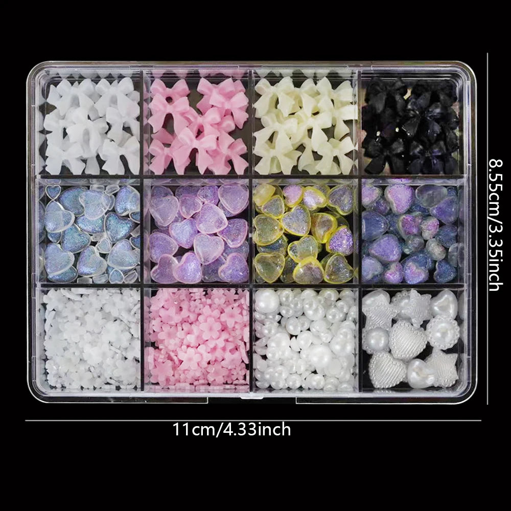 6/7/12 grids 3D Nail Charms and Pearls  Bows Charm Pink&White Star Heart Moon Cute Nail Jewels for Nail Art DIY Decorations