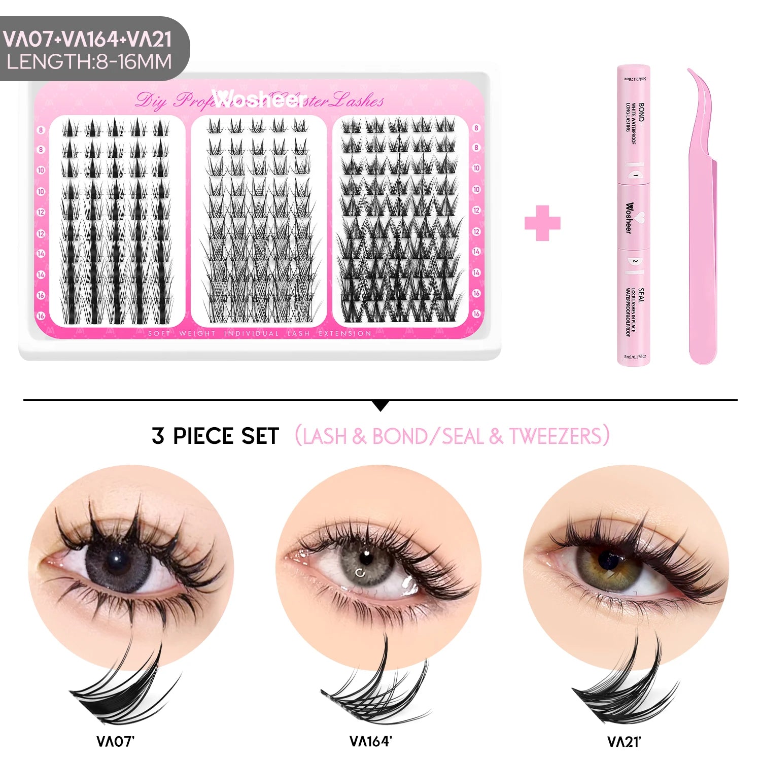 WOSHEER Manga Lash Clusters Kit Cat Lashes with Lash Bond & Seal Cluster Eyelash Extensions Mixed Tray Eyelash Clusters Kit