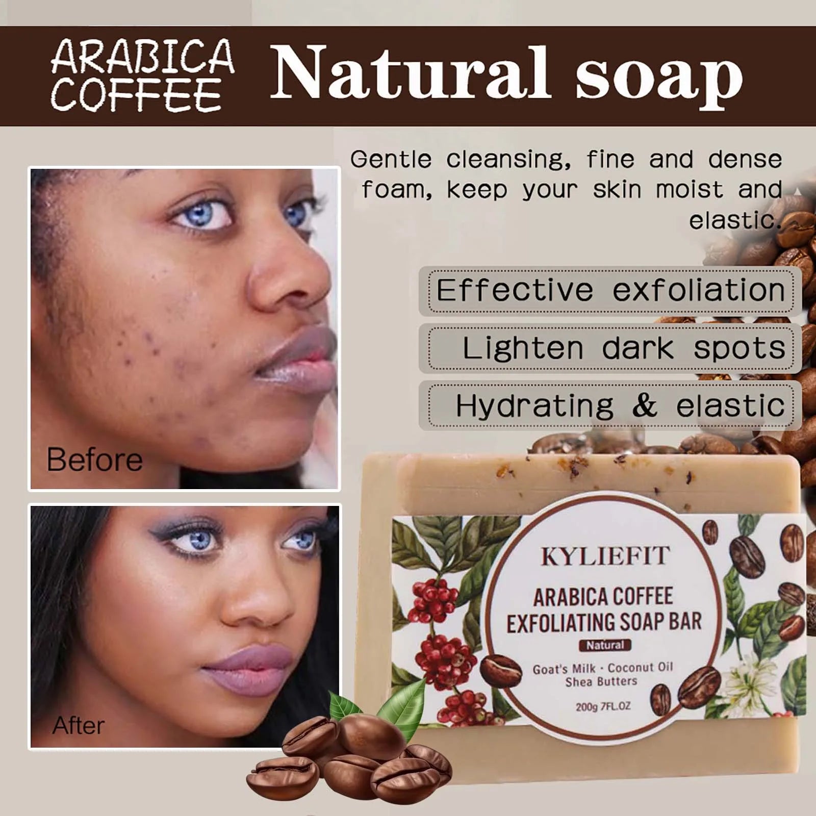 Arabica Coffee Exfoliating Soap, Whitening, Clean Skin, Reduce Dark Spots, Enriched with Coconut Oil, Shea Butter, 200g/7 oz