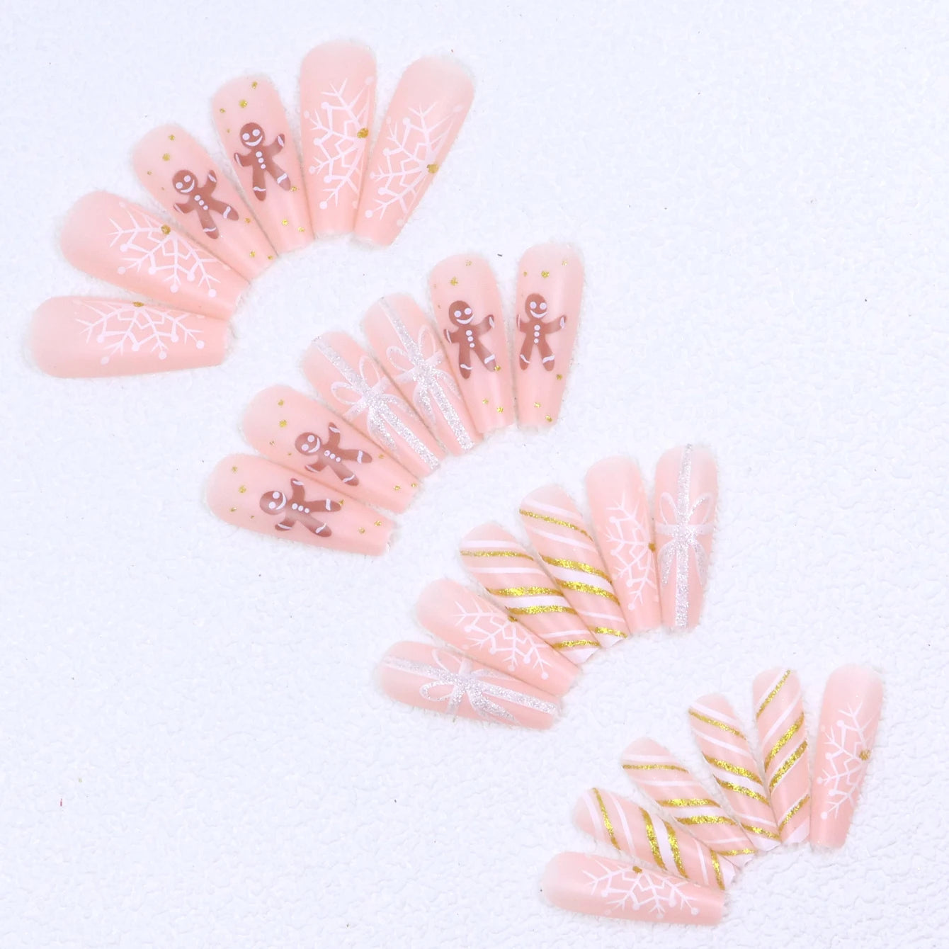 24PCS Rectangular false nails, snowflake striped gingerbread Design, Christmas False Nails, Acrylic Artificial Rubber Nails