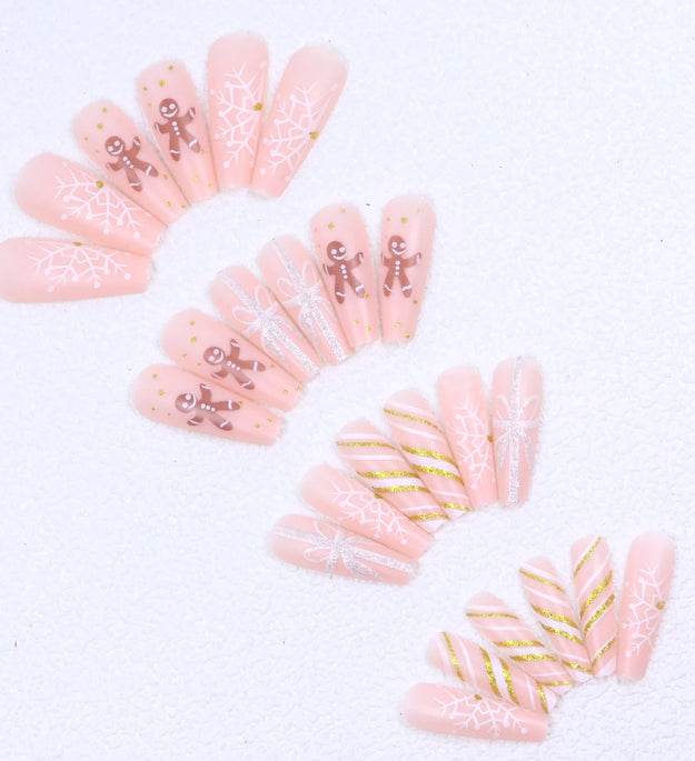 24PCS Rectangular false nails, snowflake striped gingerbread Design, Christmas False Nails, Acrylic Artificial Rubber Nails