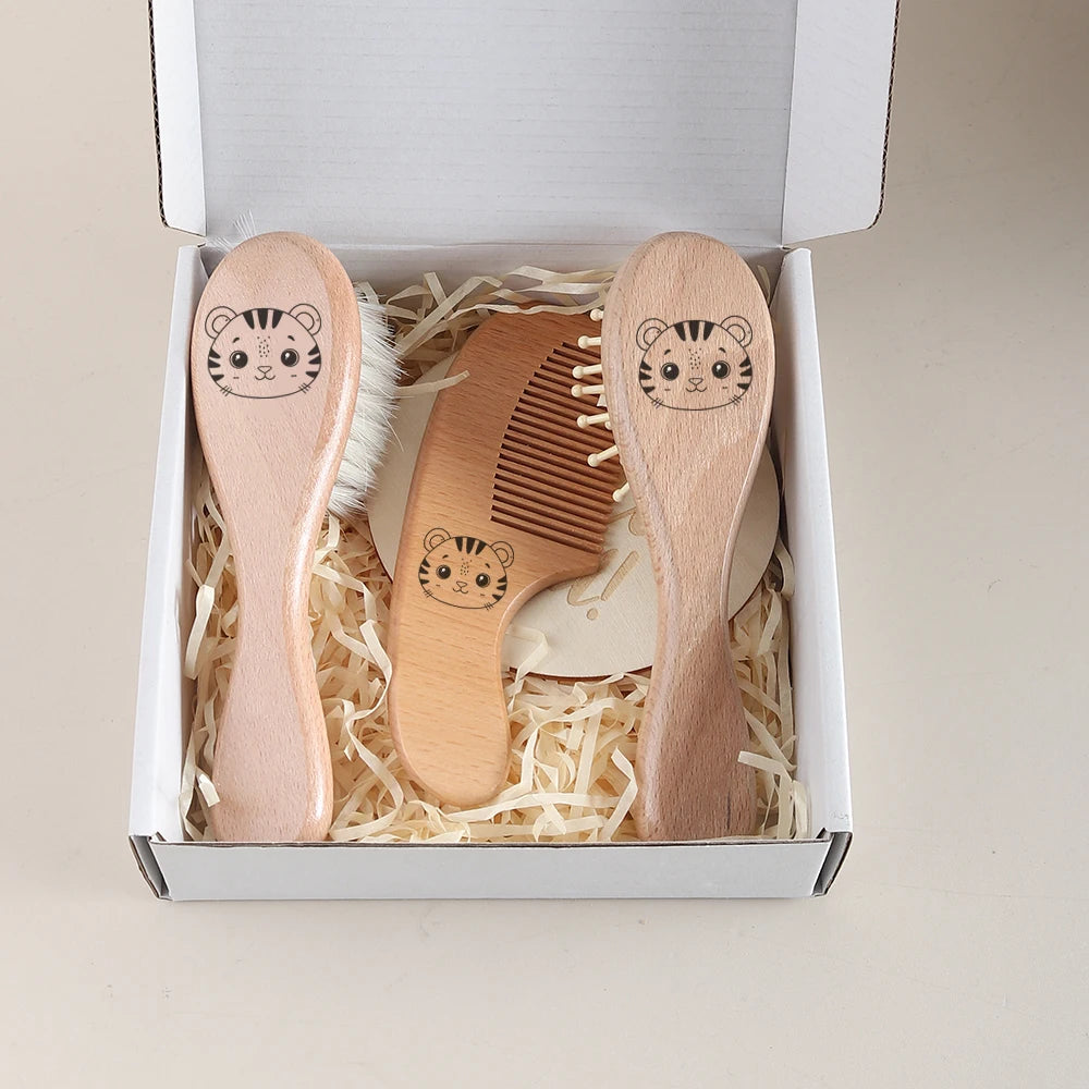 4pcs baby gift set wooden comb hair brush milestone gift box cartoon cute animal