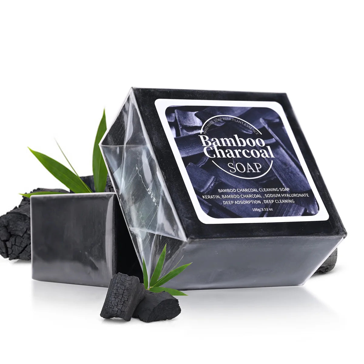 B+100G Bamboo Charcoal Powder Deep Cleansing Soap Plant Oil Soap Keratin Protein Men's Bath and Face Wash Handmade Soap